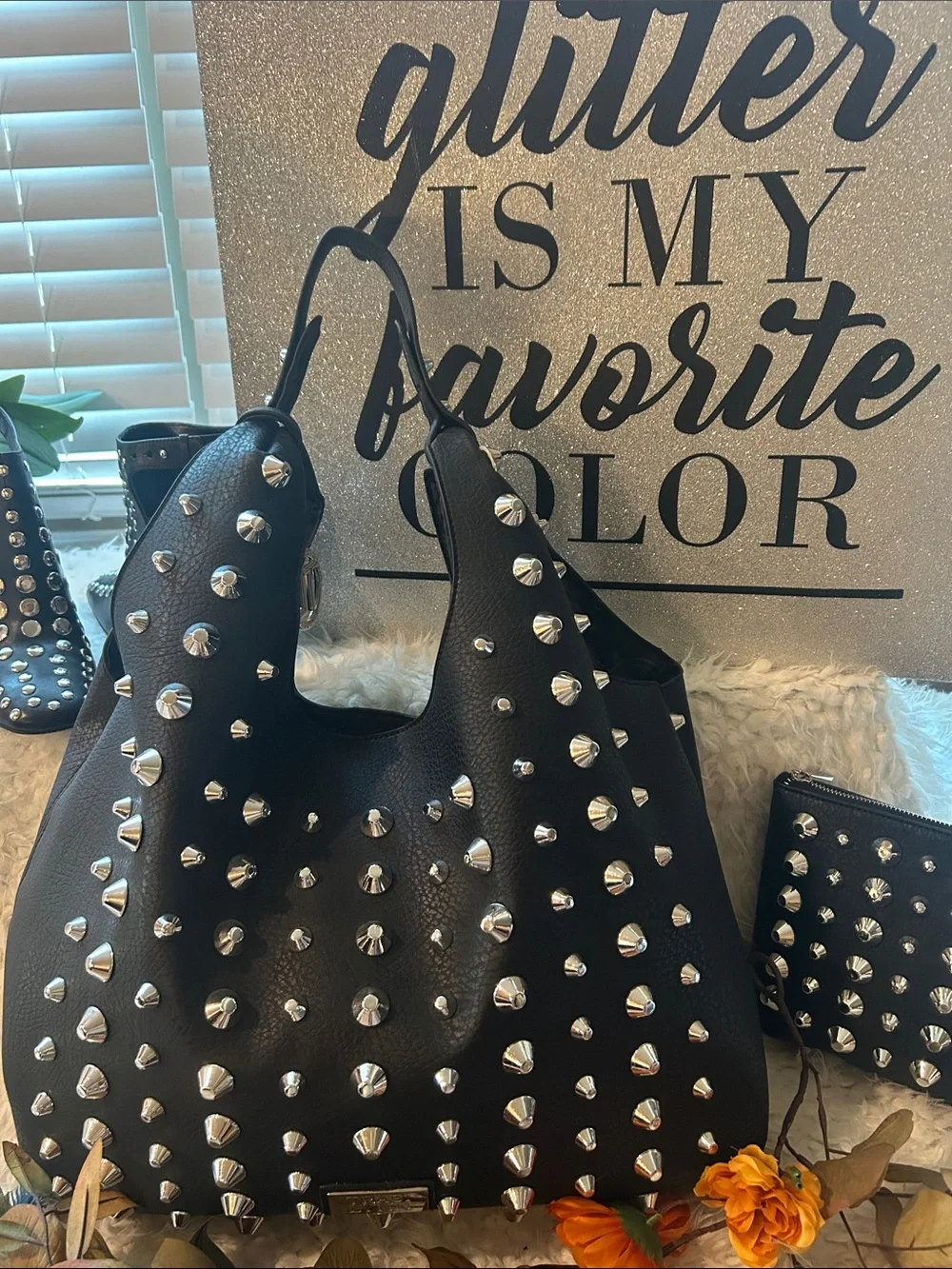 Black Studded Hobo Bag with Matching Wallet - Unbranded